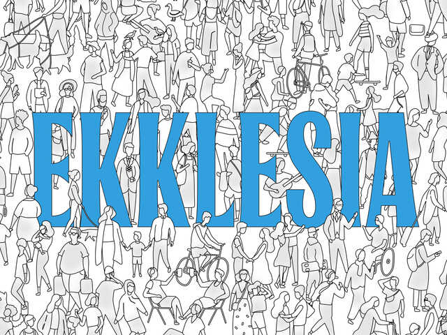 Ekklesia key art - doodle figures surrounding a blue, bold ekklesia